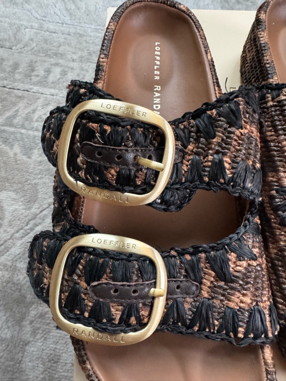 Loeffler Randall Theo Two Band Black & leopard Raffia Buckle Slide Sandal - Picture 4 of 5